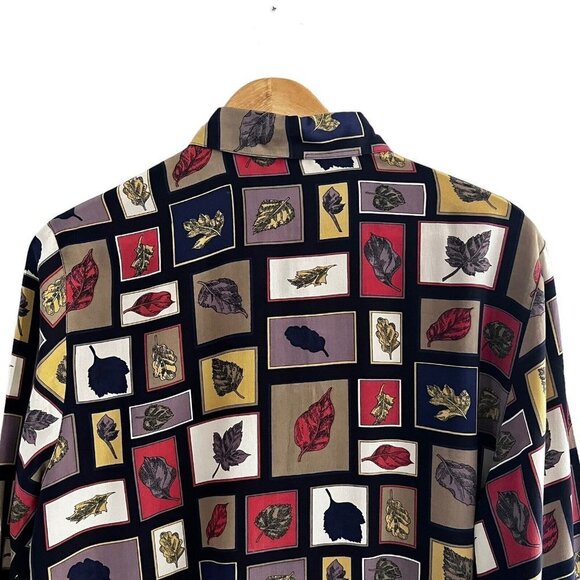 VNTG Riva Silk 100% Silk Blouse Size M Multi Color  Leaf Print Long Sleeves - Picture 8 of 14